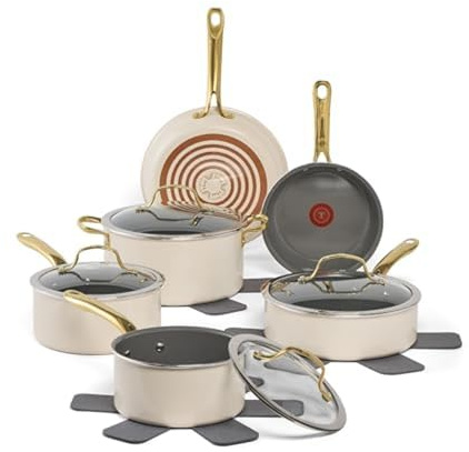 T-Fal Preserve Ceramic, Non Stick Cookware Set 13-Piece, Oven & Broiler Safe up to 350°F, Includes Stockpot, Saucepans, Frying Pans, Protectors, Pots and Pans, Beige