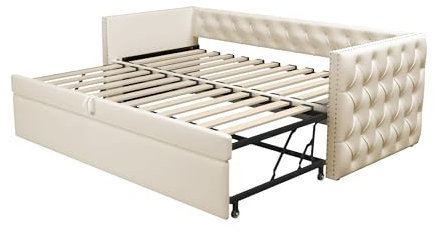 Azkoeesy Sofá cama tapizado 90 x 200 cm, con cama nido y patas plegables, con remaches y cierre de botón, convertible en cama de matrimonio de 180 x 200 cm, funda de terciopelo, color beige