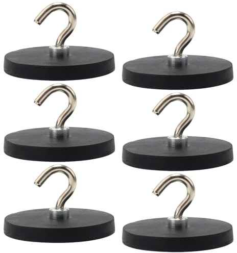 GBKDQQ Lot de 6 crochets magnétiques noirs de 43 mm d'épaisseur avec crochets sans perforation - Crochets magnétiques caoutchoutés - Extra puissants - 10 kg - Pour portes en fer, réfrigérateurs,