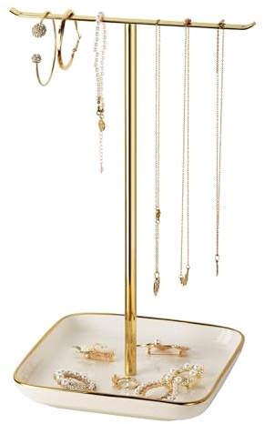 pickpiff Necklace Holder Stand with Ceramic Base: 12 Jewelry Tree Display Organizer for Necklaces, Bracelets, Rings, Earrings, Tall Gold Stand for Women, Aesthetic Room Décor, Gold and White