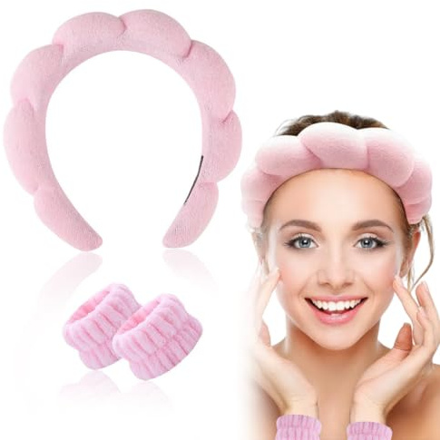 Bandeau de soin pour la peau, bandeau de lavage pour les poignets, bandeau éponge de maquillage pour femmes, bandeau et bracelets de soin pour la peau, convient pour le bain et le maquillage, rose