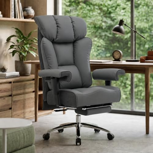 Efomao Fauteuil de Bureau Grande Taille, Chaise Ergonomique en Similicuir PU 200KG, Siège Ordinateur Réglable à Dossier Haut, Fauteuil Pivotant avec Appuie-Tête et Accoudoirs