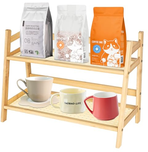 RUCUDIM Estantería para especias, organizador de cocina, 2 niveles, imitación de bambú, tejido de ratán, decoración, cocina, estante para especias, de pie, estructura de bambú para cocina, comedor