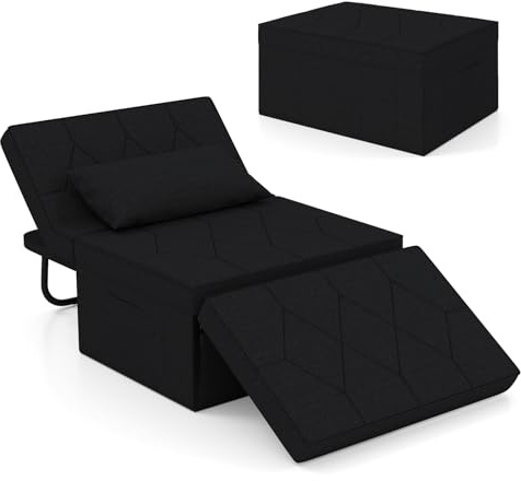 COSTWAY 4-in-1 Convertible Sofa Bed, Single Sofa Chair Sleeper Folding Ottoman with Adjustable Backrest, Retractable Legs and Pillow, Modern Tufted Lounge Couch Guest Bed (Linen Fabric, Black)
