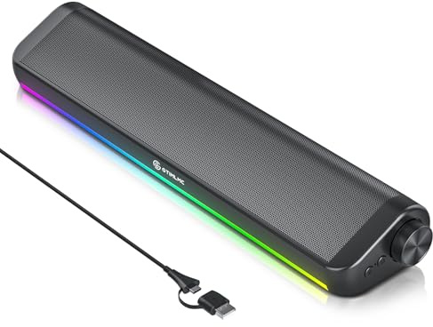 GTIMLMC Computer Speakers for PC Desktop, 5 Dynamic RGB LED Light Modes, USB Wired Input, Easy-Control Knob, Stereo Gaming Soundbar for Laptop Monitor