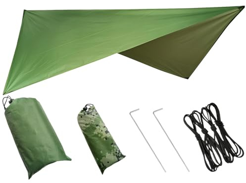 Tressify Lightweight Camping Tarp, 90.6 X 82.7 In Triangle Shade Sail, Multifunctional Rain Fly Awning With Ropes & Pegs, Silver-Coated Polyester In Green