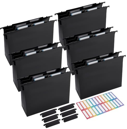 PH PandaHall 6 Pack Hanging File Folders 12 inch LP Album Dividers Black Plastic Expandable Hanging Folder for Standard Letter Size Papers Office Filing School Document Organization