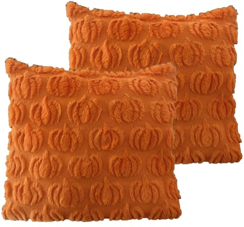 Autumn Cushion Covers, 2 Pcs Pumpkin Pillow Cover 45 X 45cm, Orange Fluffy Pumpkins Throw Pillows Cushions, Halloween Couch Decorative Decor Fall Decorations Room Autumnal Bedding Season Essentials