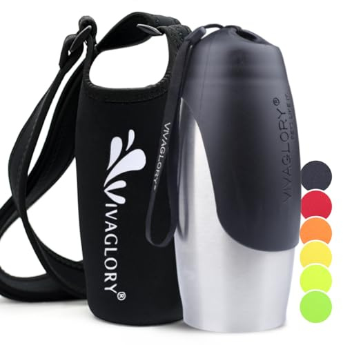 VIVAGLORY Dog Water Bottle & Bottle Holder With Strap Combo for Travel & Walking, Carrier With Adjustable Shoulder Strap, Portable & Stainless Steel for Pet Puppy, 750ml, Black