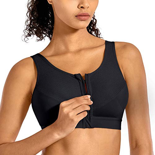 SYROKAN Women's Sports Bra High Impact Front Fastening Zipper Wireless Post Surgery Support Workout Bra Black 42F