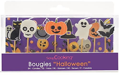 ScrapCooking 5031 - Set di 8 candele per Halloween, decorazione in legno, paraffina per torte, zucca, gatto, fantasma, accessorio per compleanni, feste, bambini, cupcake, pasticceria, torta di design,