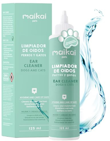 MAIKAI Gotas Limpiadoras de Oidos para Perros y Gatos 125 ml – Limpieza Auricular Natural Hidrata Protege y Elimina Cera – Recomendado por Veterinarios Higiene Orejas Mascotas