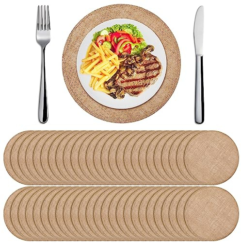 Yunlly Set of 48 Round Burlap Placemats Bulk Burlap Farmhouse Placemats Set Heat Resistant Table Mats Circle Jute Charger Place Mats for Wedding Holiday Dinner Rustic Table Decorations(11.8 in,Brown)