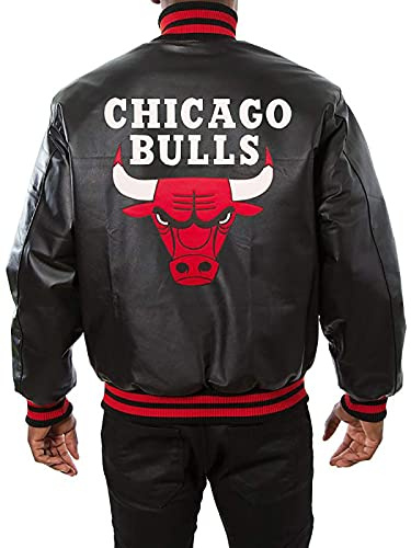 AKSAH FASHION Bomber Chicago Bomber da baseball nero in vera pelle con logo rosso, similpelle., XXL