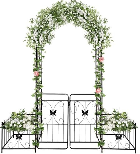 2,2 M Arco Giardino con Cancello e Scatole per Piante, Kalolary Pergolato Giardino Metallo Resistente Piante Rampicanti Traliccio Nozze Arco Viti Rose Supporto Arrampicata Prato Cortile Patio Esterno