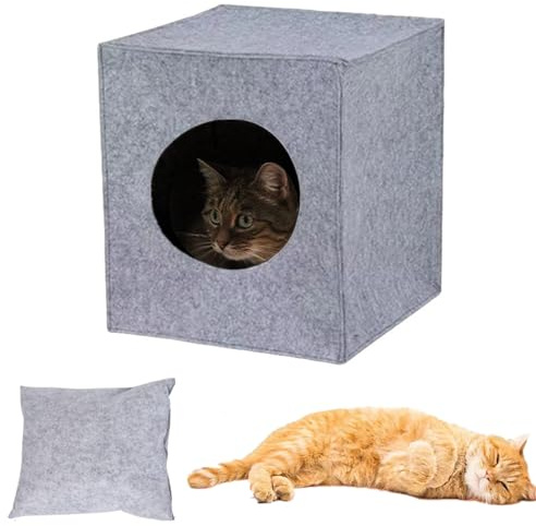 bangminda Casa para Gato Cueva de Fieltro para Gato Cueva de Estantería con Cojín para Gatos Perros Pequeños 33 x 37 x 33 cm (Gris Claro)