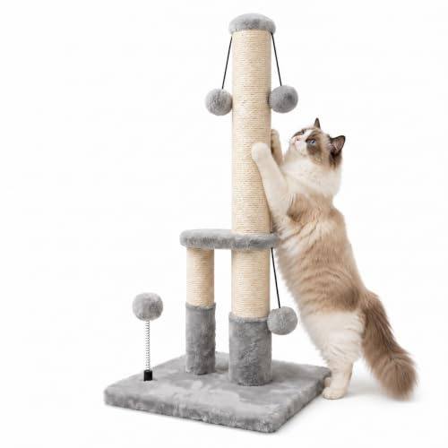 Dimaka Tall Cat Scratching Post, Double Lower Posts Extra Stable Cat Post Tree Scratcher with Sisal Rope and Teasing 4 Balls Total Large Base (Grey)