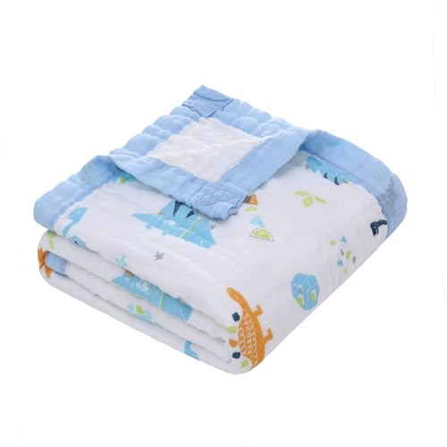 Miracle Babyfilt i muslin, babyfilt för spädbarn, 6-lager, barnbomullsfilt, mjuk, ventilerande omlottfilt, filt för flickor, pojke, 110 x 110 cm (blåkant, dinosaurie)