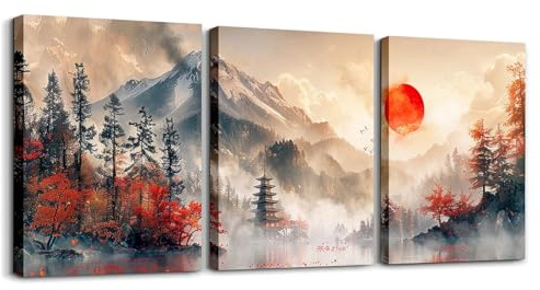 Homewish Canvas Wall Art Set of 3, Mount Fuji Sunrise Decor | Framed Canvas Prints Japanese Mountain In Sunrise, Modern Nature Landscape Oil Painting Wall Decor