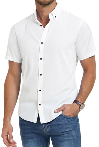 Misfuso Chemise Homme Manches Courtes en Couleur Uni sans Repassage Chemise Homme Décontracté d'Été Blanc L