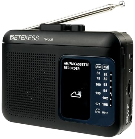 Retekess TR606 Cassette Recorder, AM FM Cassette Player, Support Voice Line/AUX in Recording, DC or AA Battery Powered (Black)