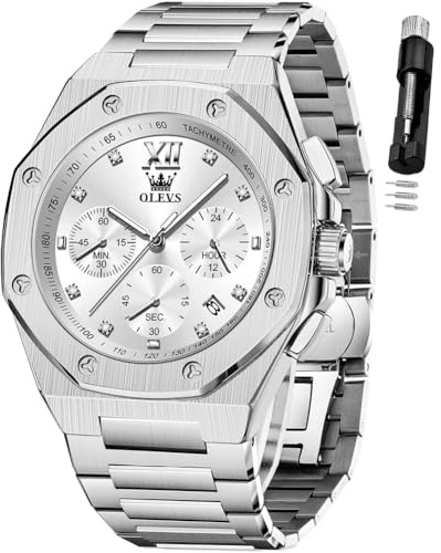OLEVS Silver Watches for Mens Stainless Steel Quartz Watch Chronograph Luxury Dress Multifunctional Waterproof Calendar Relojes De Hombre