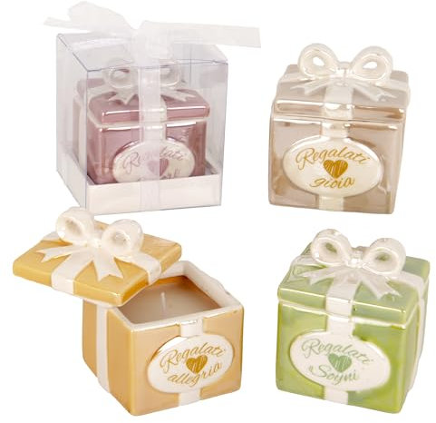 Doni Bomboniere Comunione Candela +Portacandela A Forma di Cresima Matrimonio Anniversario Regalo con Fiocco in Colori E Frasi Assortite Regalati Gioia Amore Sogni Allegria Idee Complete
