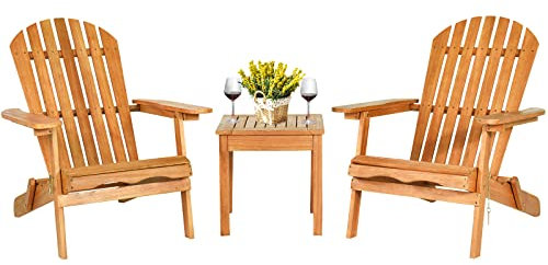 COSTWAY Klappbare Adirondack Stühle mit Tisch, 2er Set Adirondack Chairs aus Eukalyptusholz, Gartensessel mit hoher Rückenlehne & Breiten Armlehnen für Garten, Balkon, Terrasse, 180 kg Tragfähigkeit