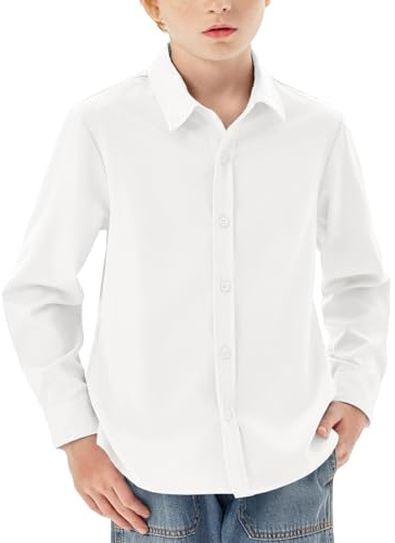 Haloumoning Camicia da ragazzo a maniche lunghe con bottoni, shirt Regular Fit, casual, per il tempo libero, feste, in tinta unita, facile da stirare, uniforme scolastica formale, top, bianco, 11-12