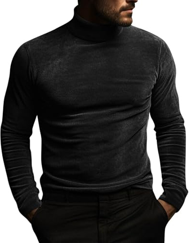 Haut à col Montant pour Homme en Velours - Manches Longues - Coupe ajustée - Chaud - Hipster - Mariage - Danse - Fête, Tops Noirs à col Montant pour Hommes, S