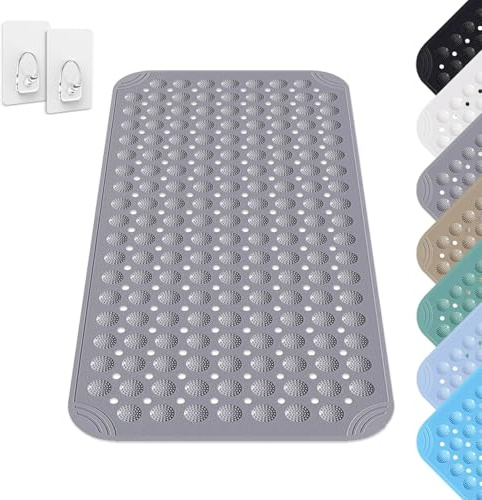 Alfombra de Ducha, 40 x 80 cm Esterilla de Ducha Cuadrada Lavable a Máquina con Ventosa, Esterilla de Ducha de PVC Antideslizante, Esterilla de Masaje Antideslizante para Ducha, Gris