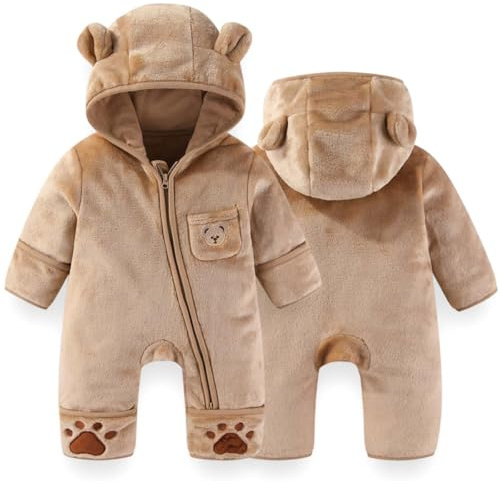 Fairy Baby Newborn Baby Winter Snowsuit Cute Bear Outfit One-Piece Hooded Romper Fleece Jumpsuit Fluffy Outwear Infant Girls Boys Brown 0-3M