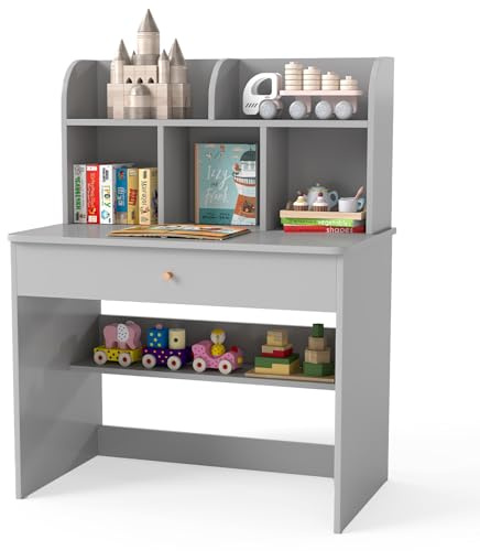 COSTWAY Scrivania in Legno 80 x 48 x 102 cm per Bambini 3+ Anni, Scrivania Cameretta Bambina con 5 Mensole, 1 Cassetto, Spazio di Lavoro e Angoli Arrotondati, Ideale per Studio e Disegno (Grigio)