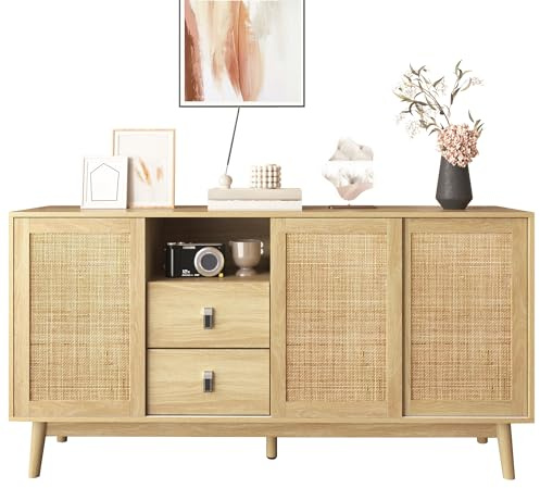 MUZHIXIANG Aparador con puertas correderas de ratán y cajones, cómoda con gran espacio de almacenamiento, aparador estable con patas de madera maciza para salón, comedor y pasillo (color madera)