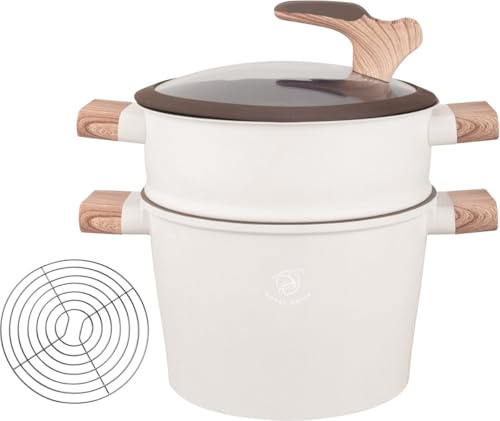 Royal Swiss Cacerola de 24 cm, olla Stoompan/cuscús de 6,5 L • Inducción y todo tipo de fuegos • Vaporera de acero inoxidable con tapa de cristal • Cocina saludable verduras, pescado y cuscús