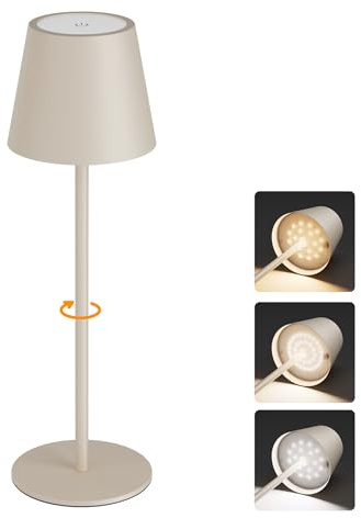 Aipsun Lampada da tavolo LED senza fili con touch Beige 23/36,5cm, ricaricabile 5000mAh (5V 2A), 3W 2700/4000/6000K dimmerabile, Ferro, IP44 Interno/Esterno per camera da letto, ufficio (1 pezzo)
