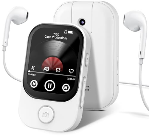64GB Reproductor MP3 con Bluetooth 5.4, Cámara Abatible de 180°, Mini Reproductor de Música, Altavoz HD, Radio FM, Sonido HiFi Ideal, eBook, Podómetro Deportivo (Blanco)
