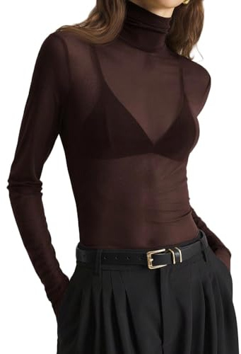 DAIHAN Donna Mesh Tops Clubwear T-Shirt in Tulle Tunica Slim Fit Top a Collo Alto Stretto Aderente Sheer Elegante Bluse Maglietta a Rete Trasparente,Marrone,S