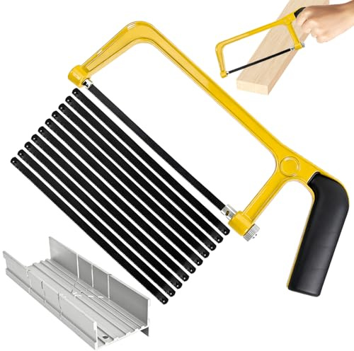 VLYX Juego de Sierra para Metales de 12 Piezas con Caja de Ingletes y 10 Hojas Bi-Metal - Sierra de Mano Ajustable para Tubos, PVC, Baldosas y Metal, Reparación y Bricolaje