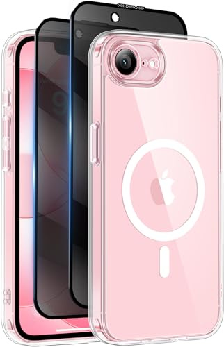 Qasyfanc Coque pour iPhone 17e /iPhone 16e avec Verre Trempé Anti-Espion | Transparente, Compatible avec MagSafe, Étui Mat Translucide Arrière Housse Antichoc Anti-Rayures