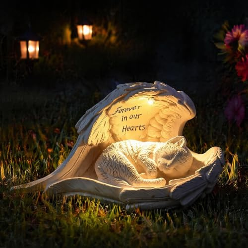 Piedras conmemorativas de gato solar, 20 cm, figura de ángel con luz solar LED, IP65, resistente a la intemperie, marcador de tumba de gato, estatua, blanco cálido, LED para mascotas, decoración para