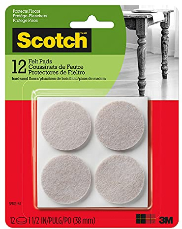 Scotch Felt Pads 12 PCS Beige, Felt Furniture Pads for Protecting Hardwood Floors, 1.5 inch Round, Easy-to-apply, Self-Stick design, Reliable protection from nicks, dents and scratches (SP803-NA)