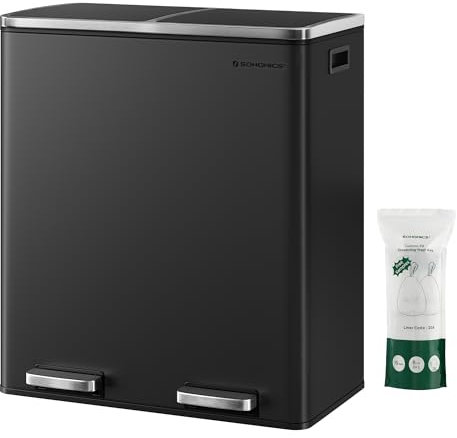 SONGMICS Mülleimer, 2 x 30 Liter, 2 Fächer, Mülltrennsystem, Treteimer, Abfalleimer Küche, 15 Müllsäcke, Metall, Inneneimer aus Kunststoff, Klappdeckel, Softclose, luftdicht, schwarz LTB60BK