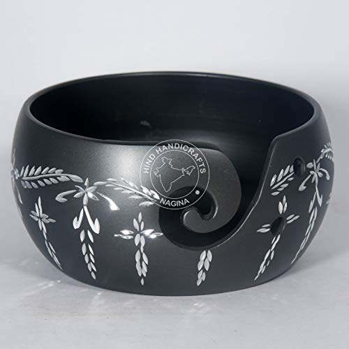 Hind Handicrafts Bol de rangement portable en aluminium de qualité supérieure fait à la main avec diamant gravé en diamant - Support pour tricot et crochet - Noir mat - 15,2 x 15,2 x 7,6 cm