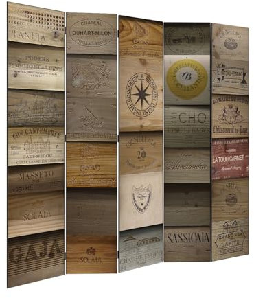 decomonkey - Paravent décoratif intérieur Bois Rétro 225x172 cm - Cloison de séparation - Gris Vert Blanc Beige - Inscriptions en Bois à Motif Marron sur Fond de Texture de Miel épicé français