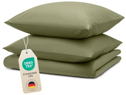 Blumtal Bettwäsche 155x200cm + 2X 80x80cm Kopfkissenbezug - Oeko-TEX zert. Mikrofaser Bettwäsche Set - Mikrofaser Bettbezug 95 °C - Deckenbezug + Kissenbezug 3-teilig - Bettbezug Light Olive Grün