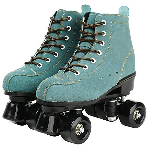 XUDREZ Cowhide Roller Skates for Women and Men High-Top Shoes Double-Row Design,Adjustable Classic Premium Roller Skates (Blue,8.5)