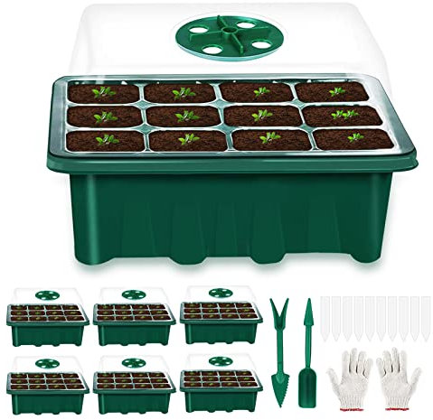 KEEPAA 6 Stück Zimmergewächshaus Anzuchtkasten, Mini Gewächshaus Anzucht Set 12 Löchern Treibhaus Anzuchtschale, Anzuchtschalen mit Deckel und Belüftung