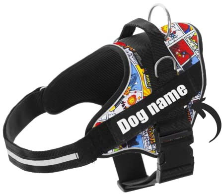 SUPER DOGGY Arnes Personalizado para Perros - Tamaño Pequeño, Mediano y Grande - Incluye 2 Etiquetas con Nombre - Pechera para Perros Reflectante y Seguro (XXS 1,5-3,5KG, Cómic)