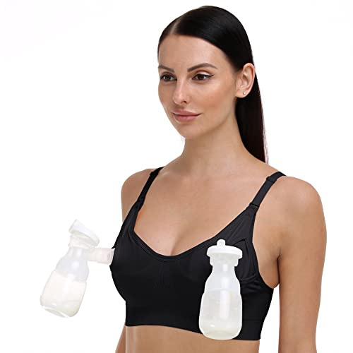 GXXGE Nursing Bra Support Pumping Bra Hands Free All in One Maternity Bra Comfortable Breast No Pad Pumps Bra Black Large